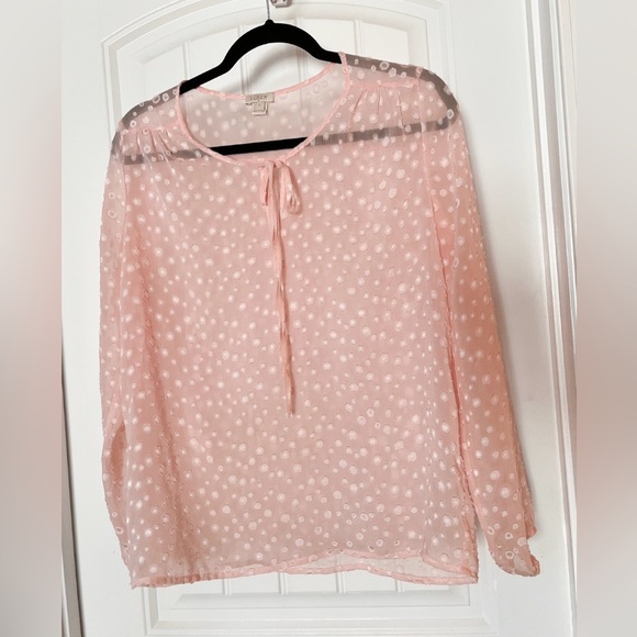 J. Crew Tops - J Crew Womens Pullover Sheer Blouse Size Small Light Pink Tie Front Polka Dot